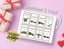 Load image into Gallery viewer, Printable Army Vehicle Valentines | Printable Valentines | Printable Valentine Cards | Valentine's Day
