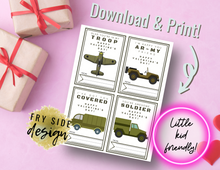 Load image into Gallery viewer, Printable Army Vehicle Valentines | Printable Valentines | Printable Valentine Cards | Valentine's Day