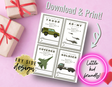 Load image into Gallery viewer, Printable Army Vehicle Valentines | Printable Valentines | Printable Valentine Cards | Valentine&#39;s Day
