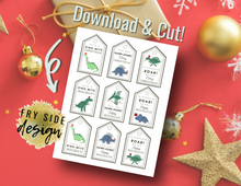 Load image into Gallery viewer, Printable Holiday Gift Tags | Christmas Dinosaur Gift Tags | Christmas Gift Tags | Tags for Gifts
